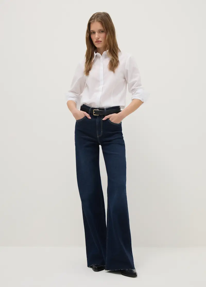 Jeans Blu In Cotone Elasticizzato Wide Leg, Donna, Blu miniatura 2