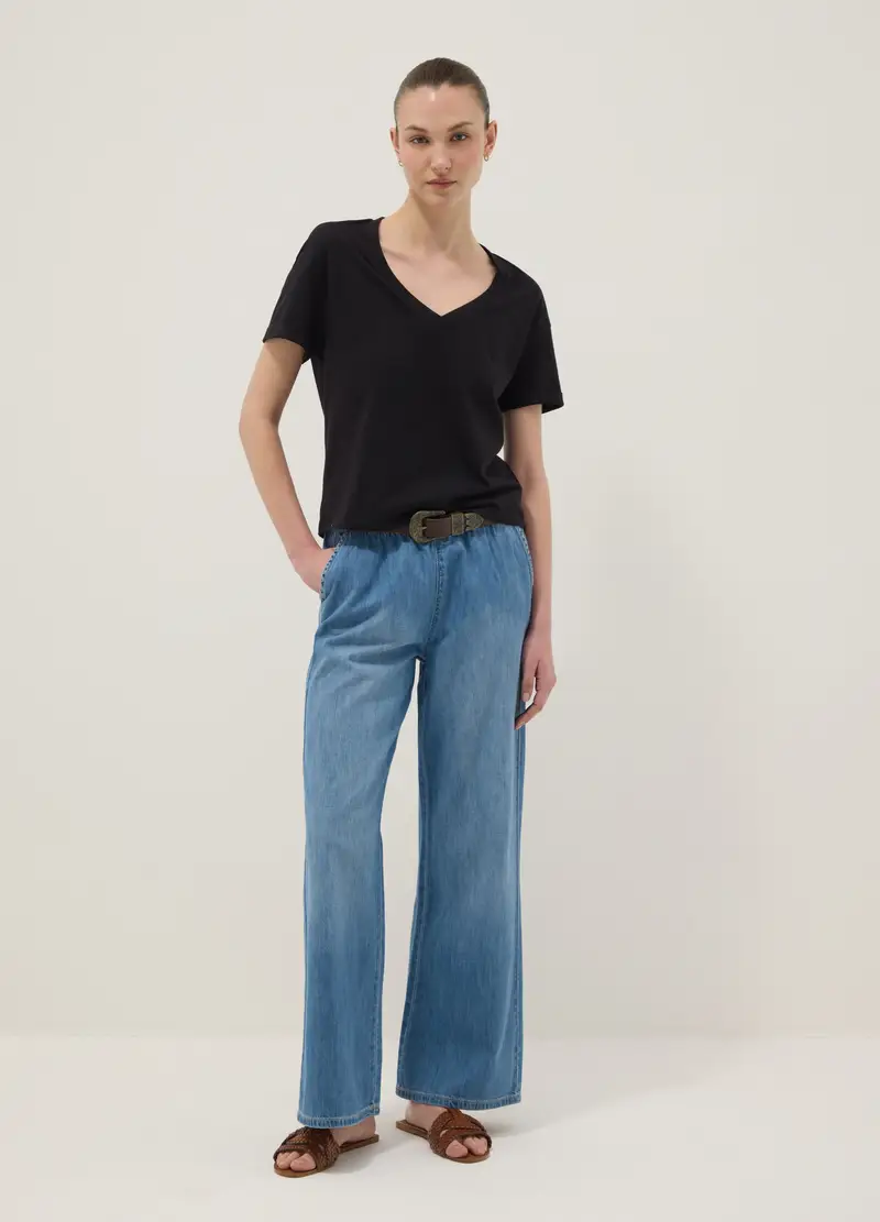 Jeans Denim Blu In Puro Cotone Wide Leg, Donna, Denim