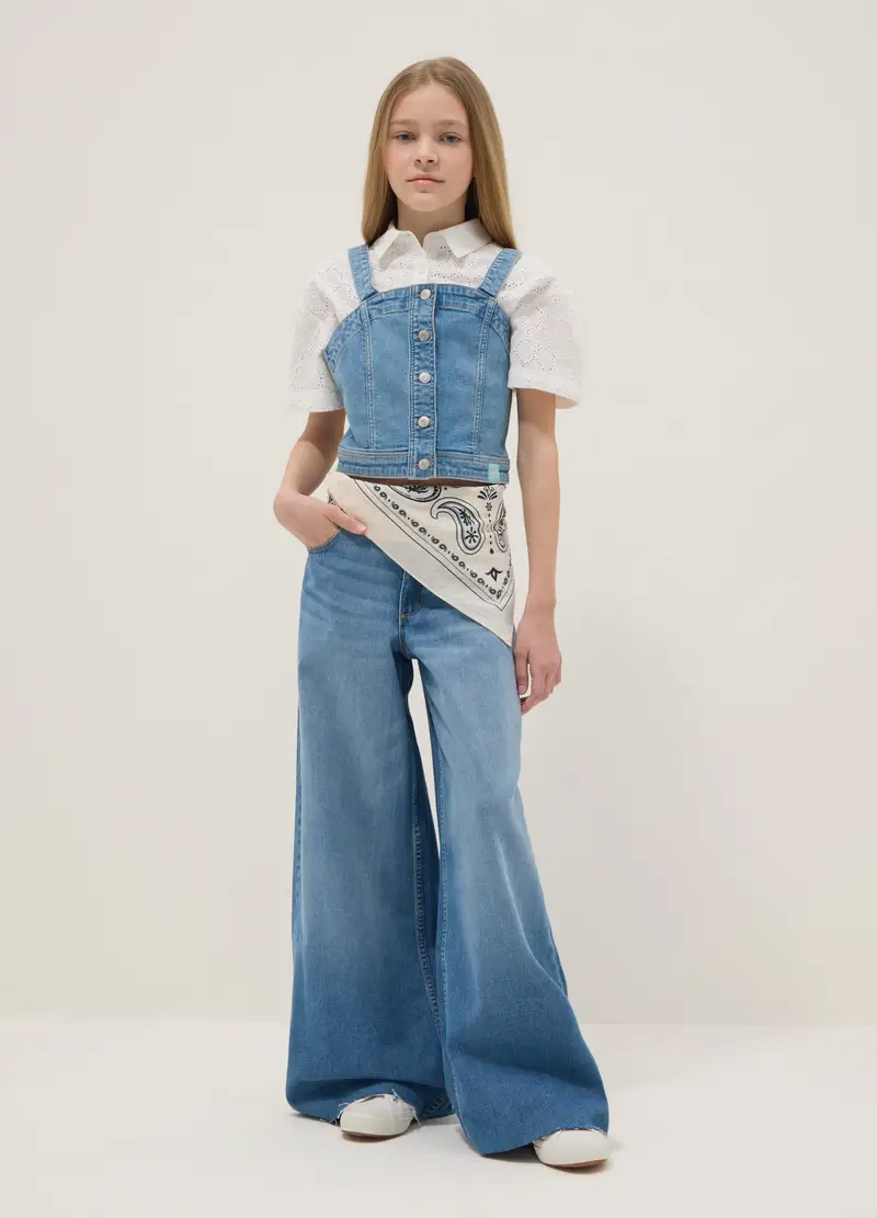 Jeans In Puro Cotone Denim Blu Da Ragazza Wide Leg, Bambina, Blu