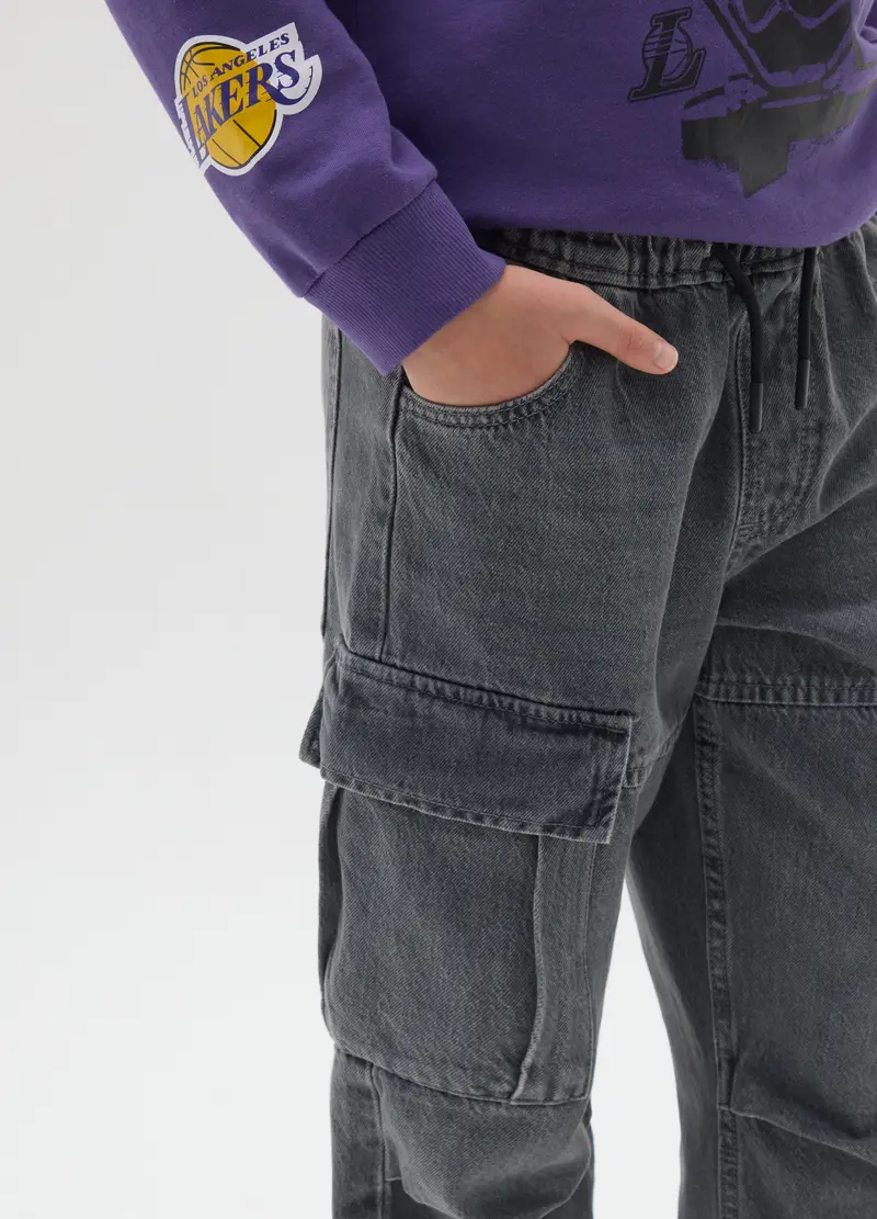 Jogger Cargo In Denim Grigio Da Ragazzo In Puro Cotone Relaxed Fit, Bambino, Grigio miniatura 3