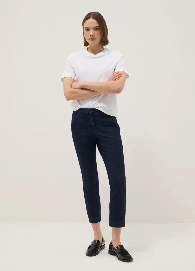 Pantaloni In Misto Cotone Denim Elasticizzato Blu Slim Fit, Donna, Blu