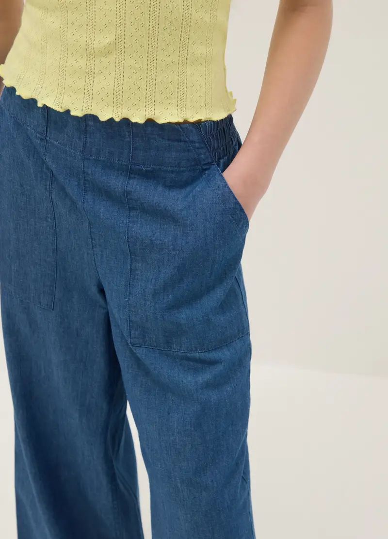 Pantaloni In Puro Cotone Denim Blu Da Ragazza Wide Leg, Bambina, Denim miniatura 3
