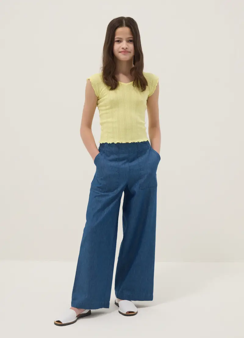 Pantaloni In Puro Cotone Denim Blu Da Ragazza Wide Leg, Bambina, Denim
