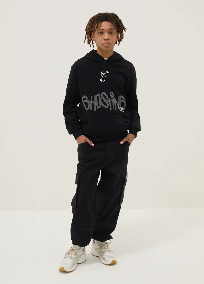 Pantaloni Jogger In Misto Cotone Nero Da Ragazzo Regular Fit, Bambino, Nero