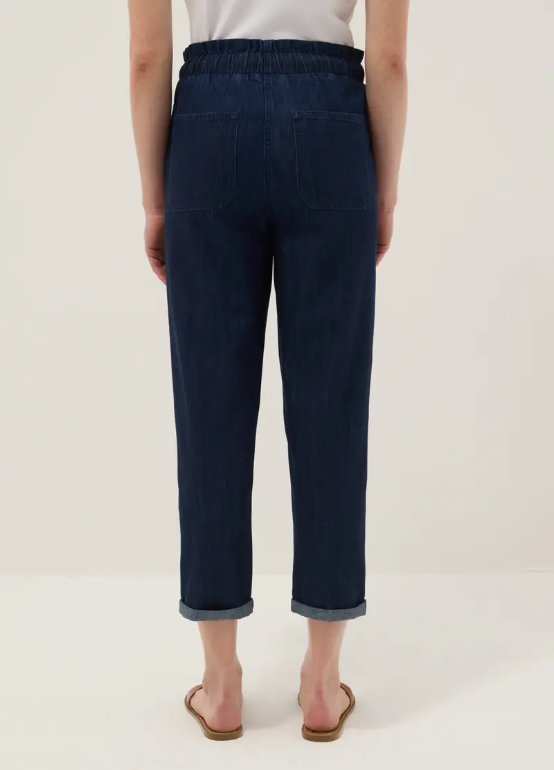Pantaloni Paper Bag In Puro Cotone Denim Blu, Donna, Blu miniatura 3