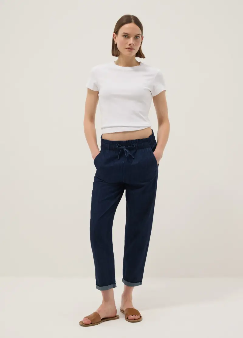 Pantaloni Paper Bag In Puro Cotone Denim Blu, Donna, Blu