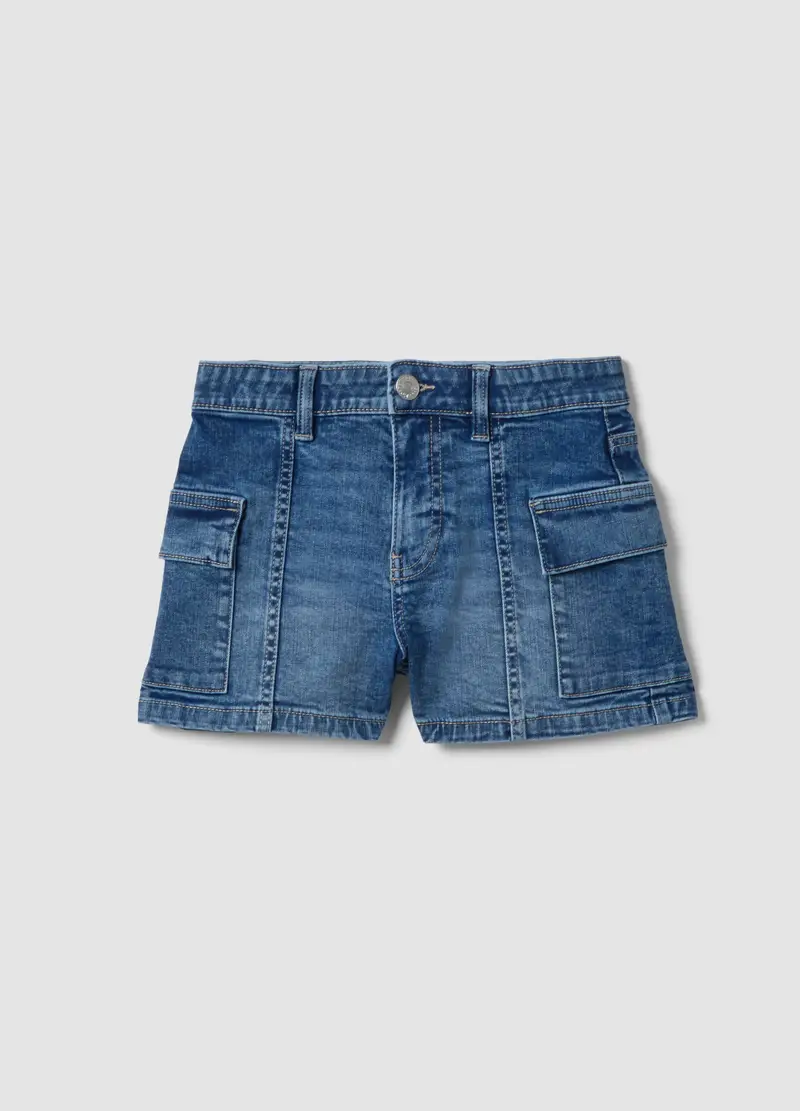 Shorts Denim Blu Cargo In Cotone Elasticizzato Da Ragazza Slim Fit, Bambina, Denim