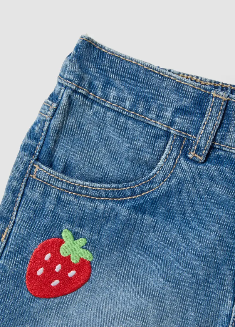 Shorts Denim Blu In Puro Cotone Da Bambina Wide Leg Con Ricami, Blu miniatura 3