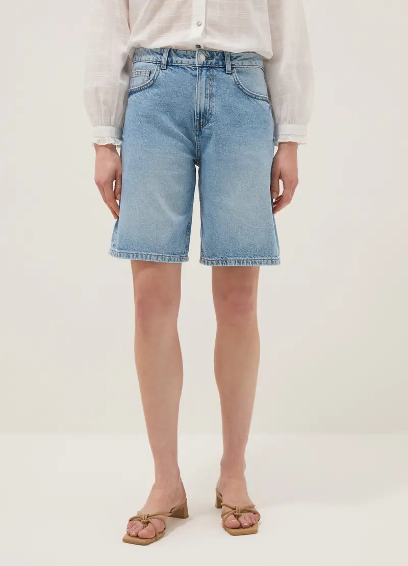 Shorts In Puro Cotone Denim Azzurro Wide Leg, Donna, Denim miniatura 2