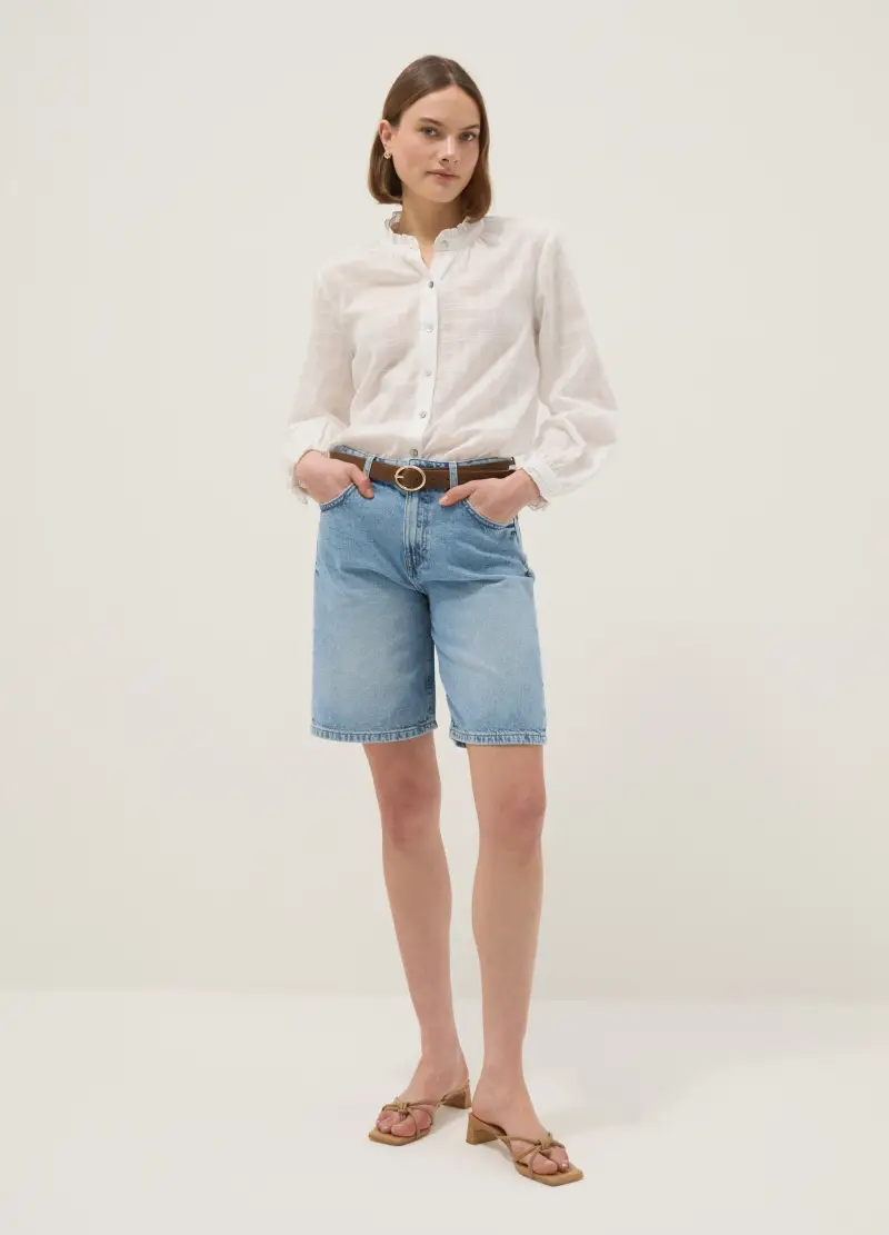 Shorts In Puro Cotone Denim Azzurro Wide Leg, Donna, Denim