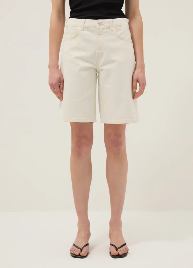Shorts In Puro Cotone Denim Beige Wide Leg, Donna, Beige miniatura 2