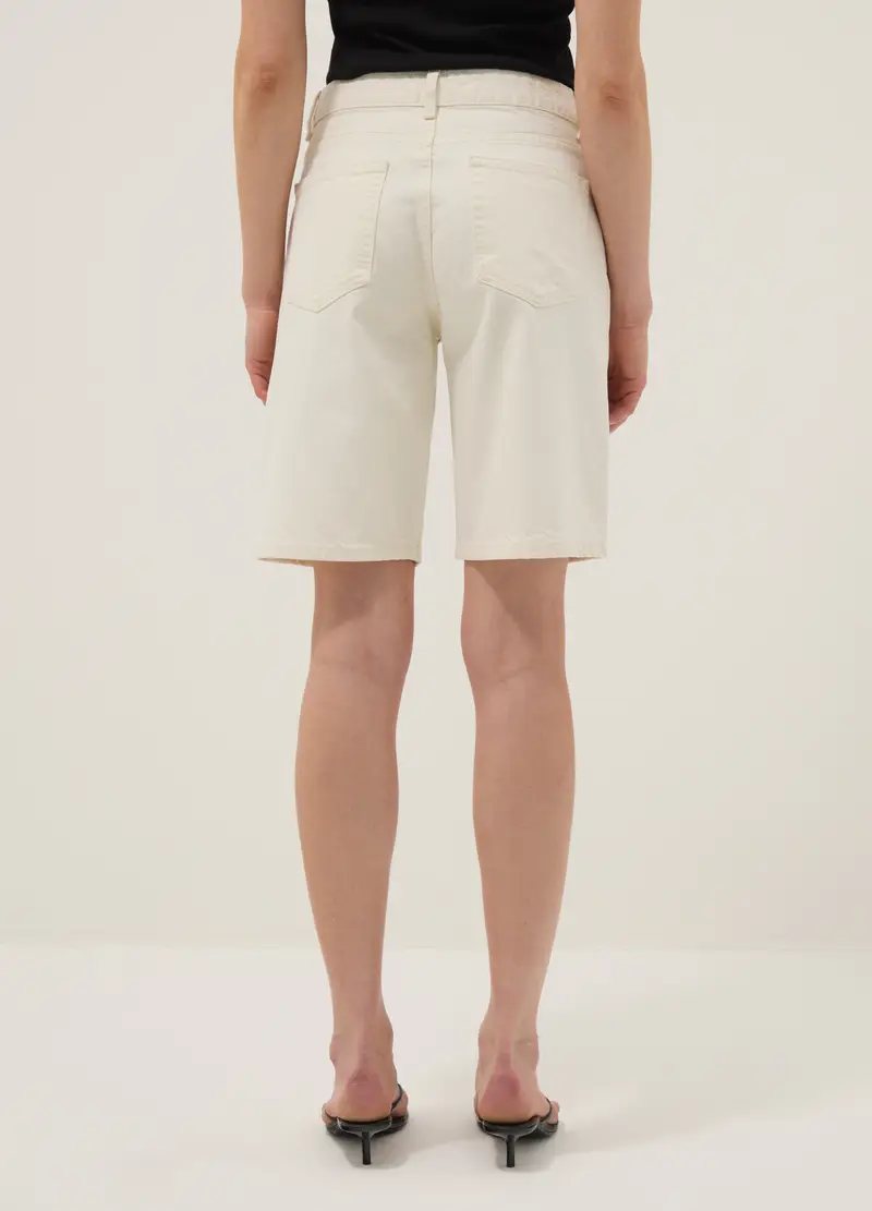 Shorts In Puro Cotone Denim Beige Wide Leg, Donna, Beige miniatura 3
