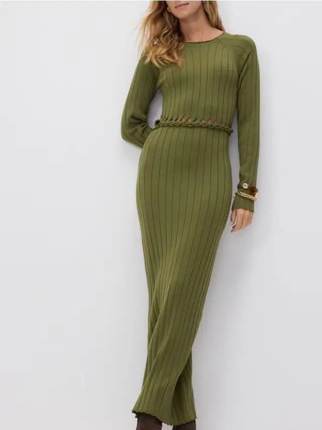 Abito a costine in viscosa - verde-marrone