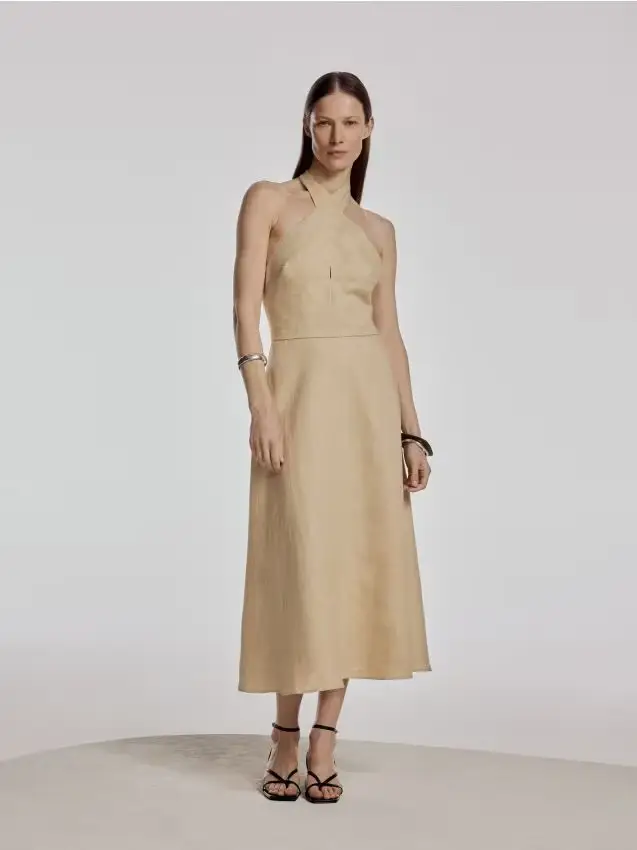 Abito in lino con cintura - beige