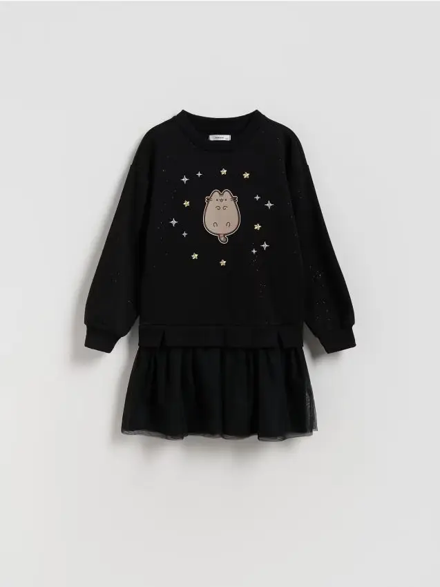 Abito in maglia con applicazione Pusheen - nero