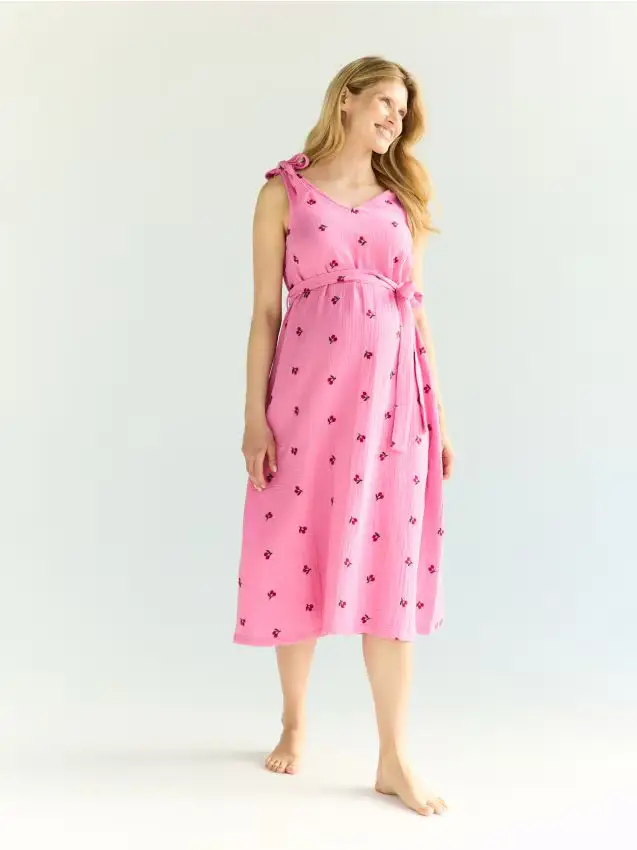 Abito in mussola con ricamo - rosa