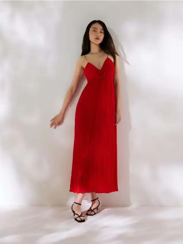 Abito maxi con applicazione floreale - rosso