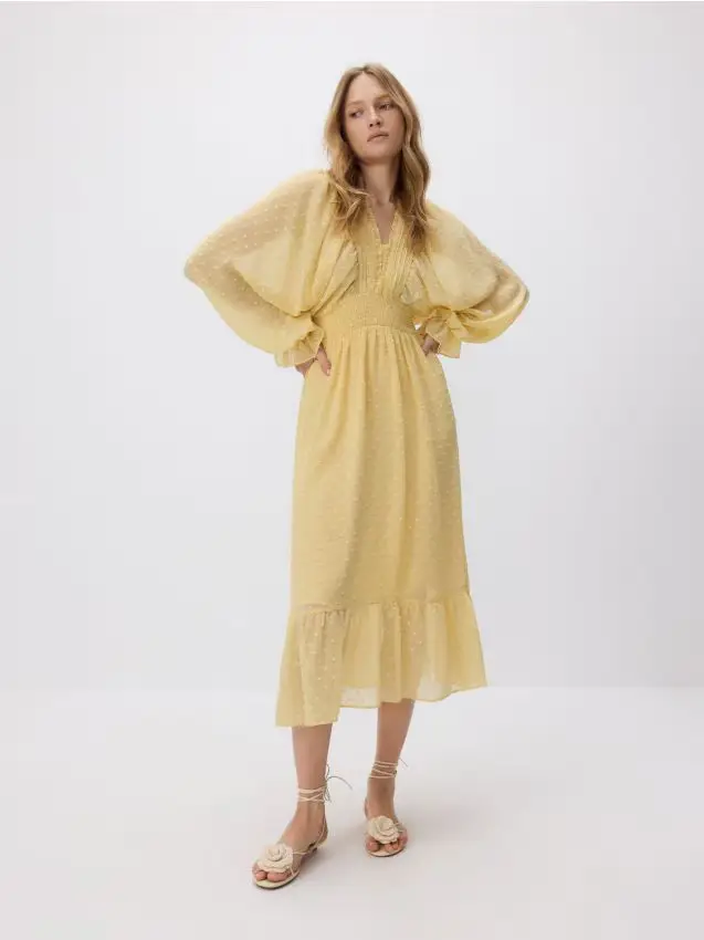 Abito midi con balze - giallo chiaro