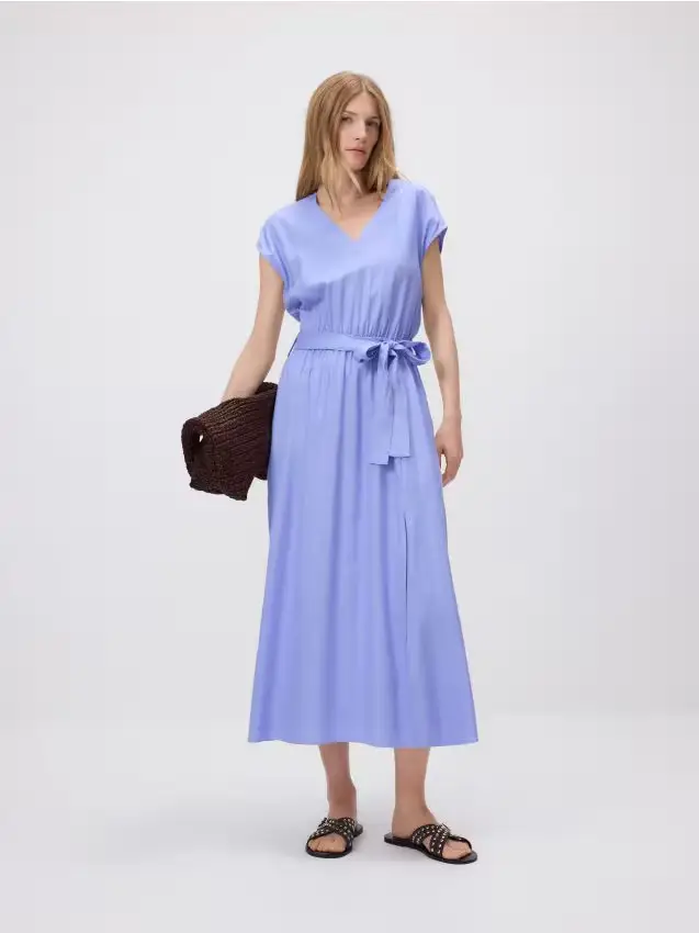 Abito midi con misto lino - azzurro