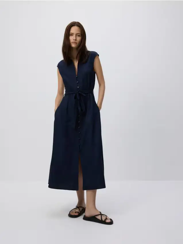 Abito midi con misto lino - blu scuro