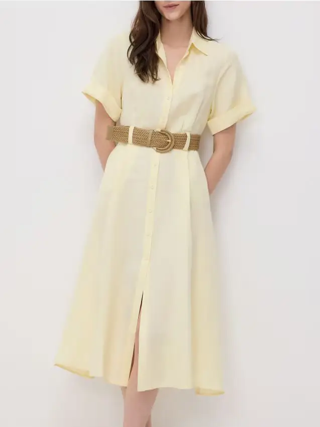 Abito midi con misto lino - giallo chiaro