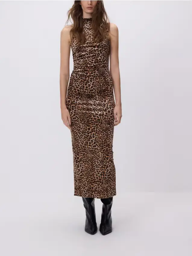Abito midi con stampa leopardata - multicolore