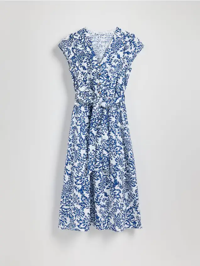 Abito midi in cotone con cintura - blu scuro