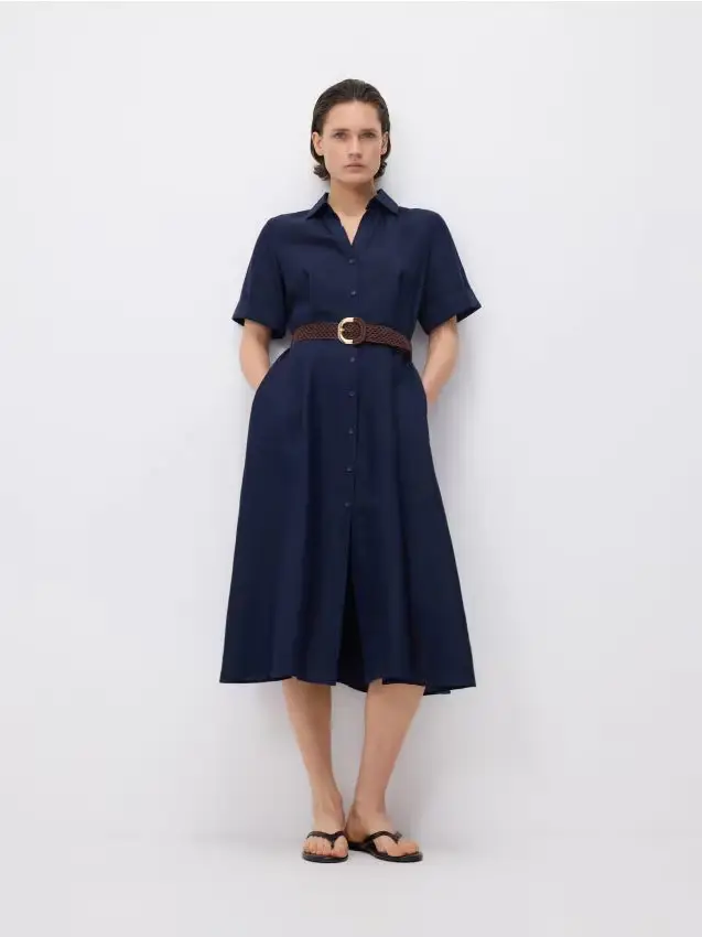 Abito midi in misto lino - blu scuro