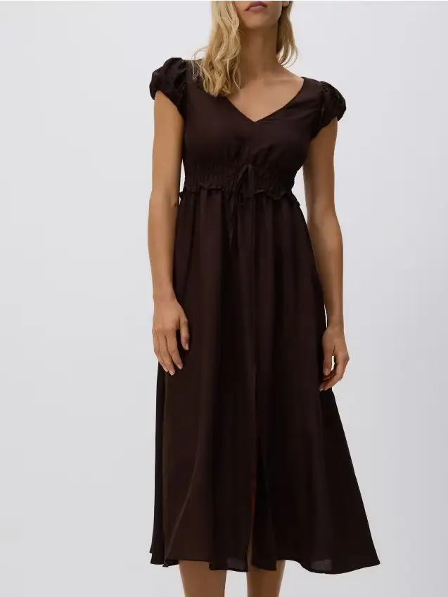 Abito midi in misto lino - marrone