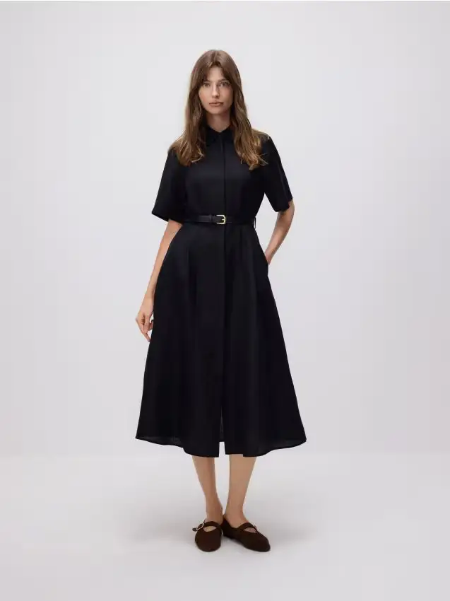 Abito midi in misto lino - nero