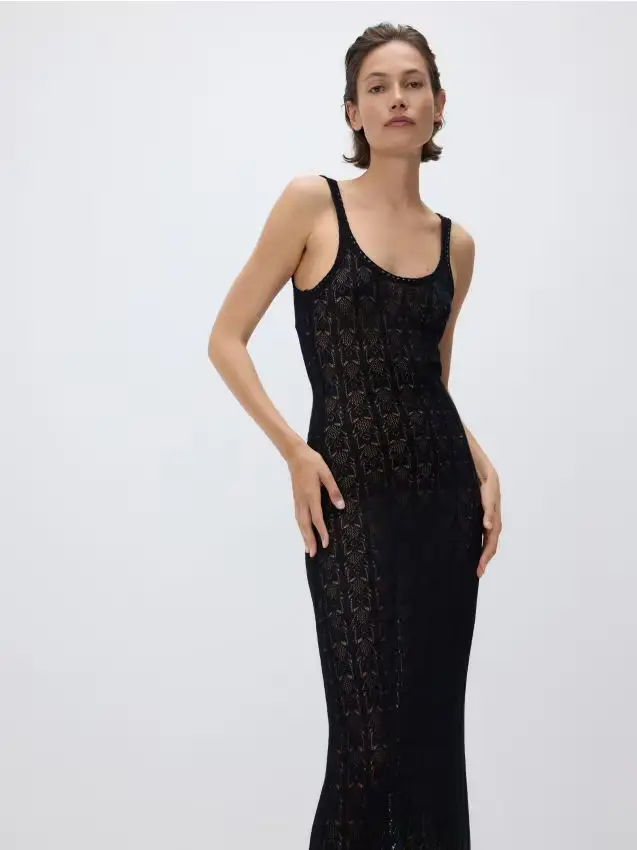 Abito traforato in misto lino - nero