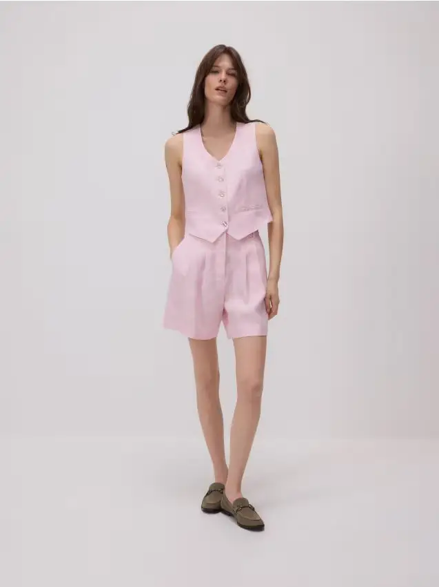 Bermuda in lino con pieghe - rosa pastello