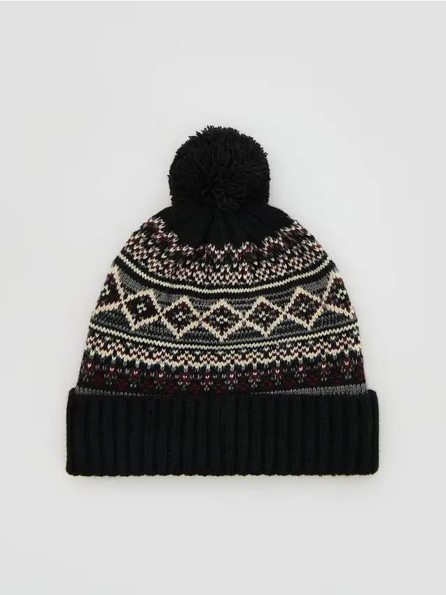 Berretto fantasia con pompon - nero