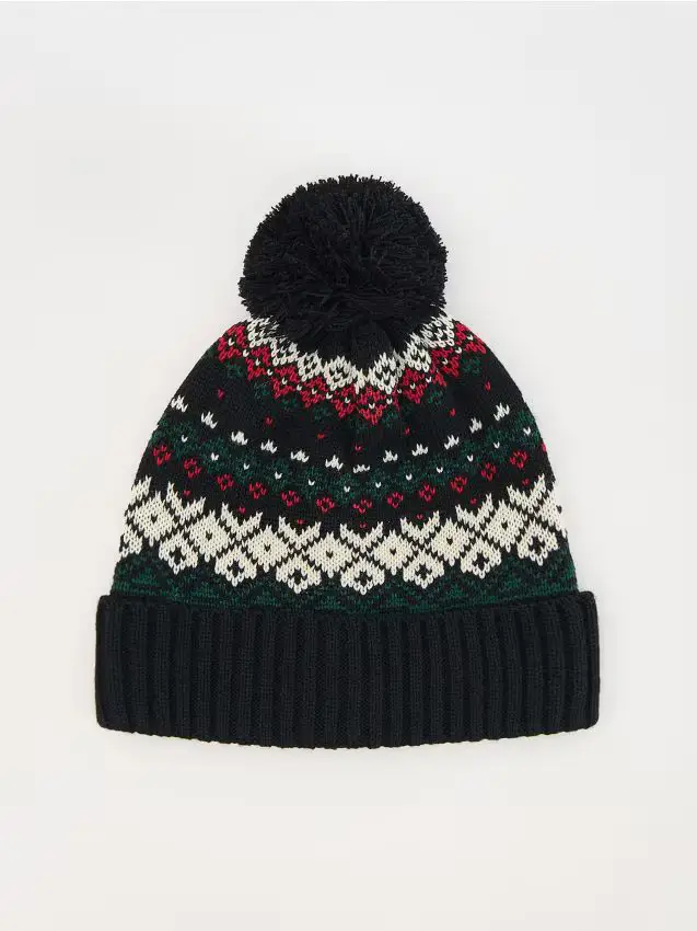 Berretto fantasia con pompon - nero