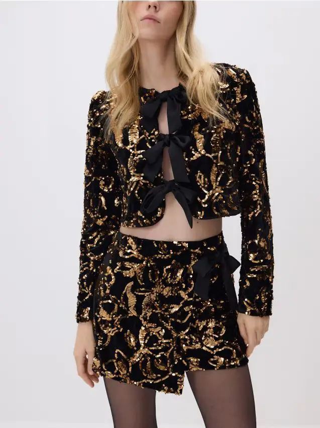 Blazer con paillettes e fiocchi - nero