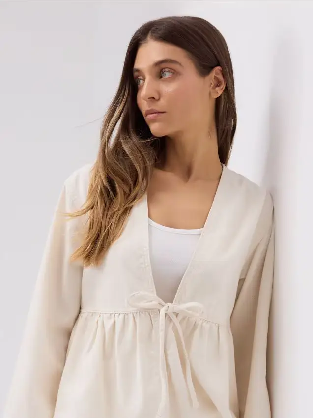 Blazer di jeans con fiocco - panna