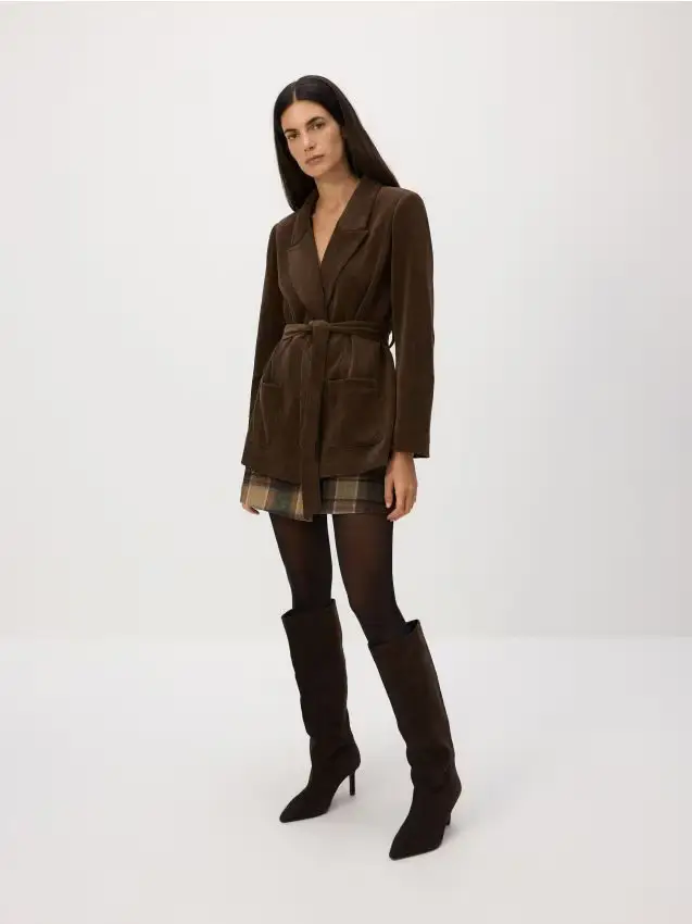 Blazer in velluto a coste con cintura - marrone scuro