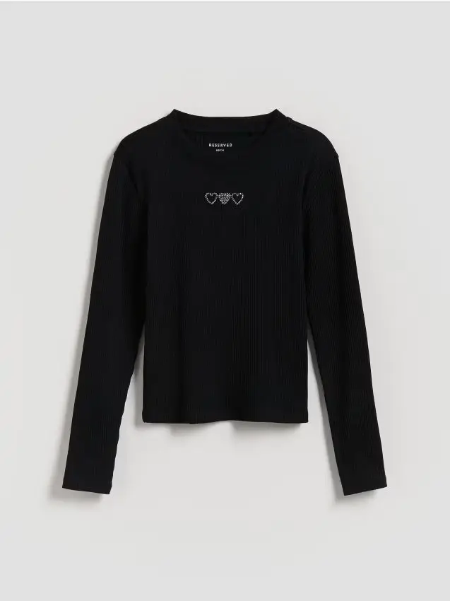 Blusa a costine con applicazione - nero