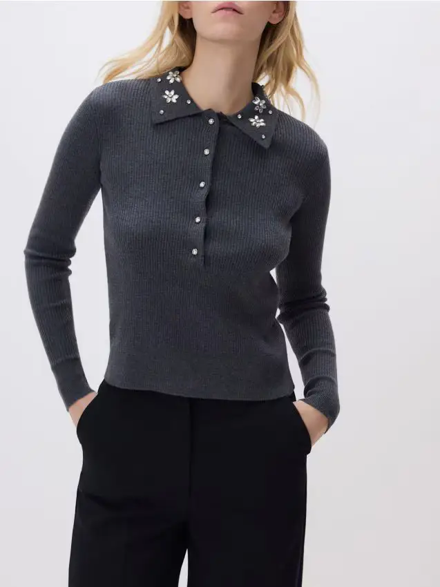 Blusa con colletto decorativo - grigio scuro