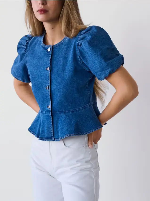 Blusa di jeans con peplo - blu
