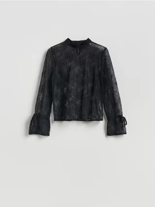 Blusa in pizzo con colletto rigido - nero