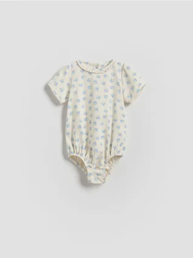 Body in misto cotone con stampa floreale - panna