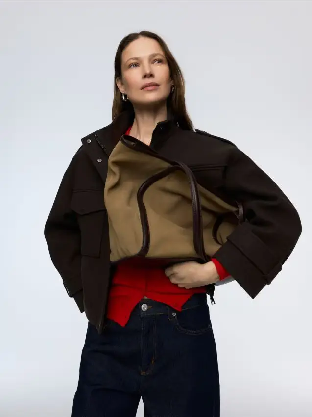 Borsa shopper in tessuto scamosciato - beige