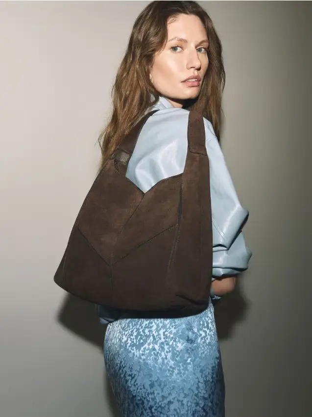 Borsa shopper in tessuto scamosciato - marrone scuro