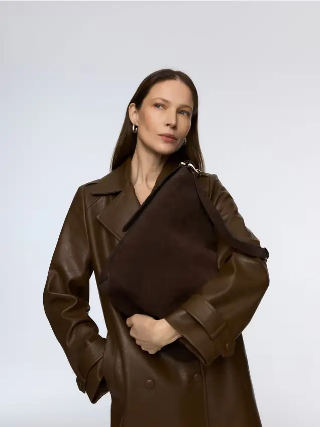 Borsa shopper in tessuto scamosciato - marrone scuro