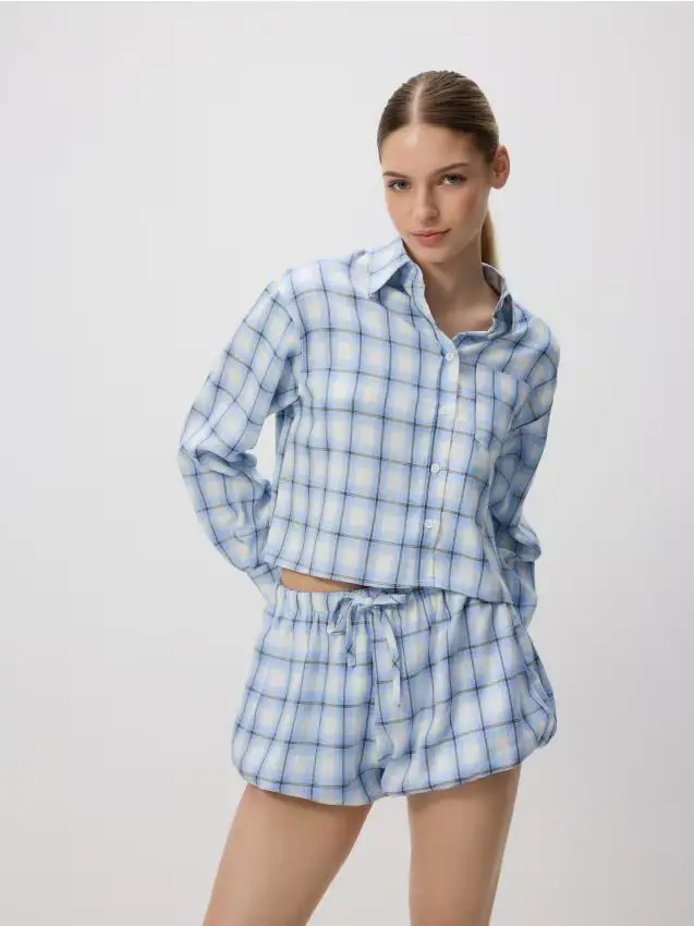 Camicia corta a quadri - blu pallido