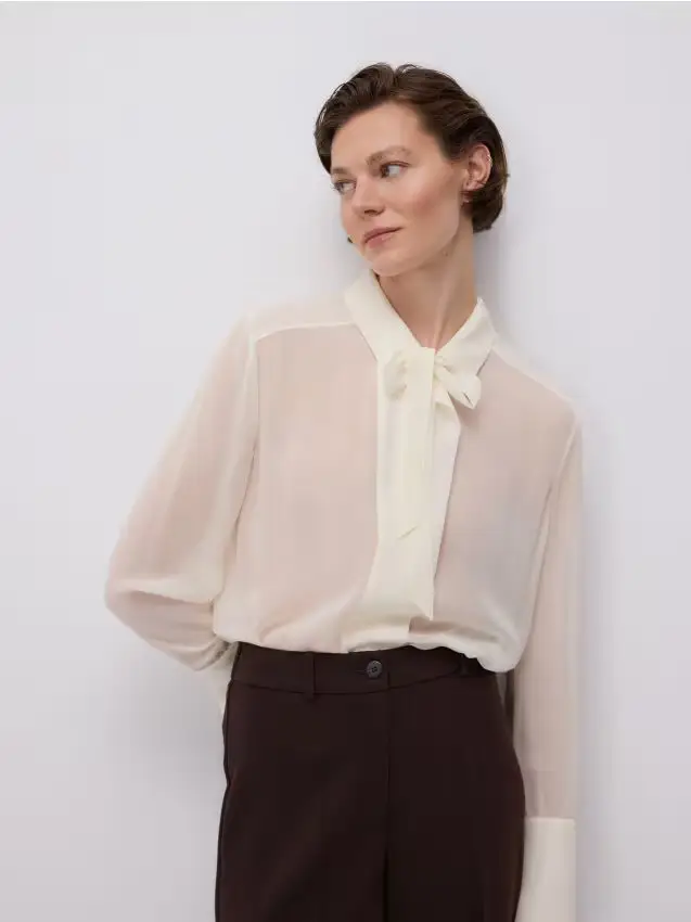 Camicia di seta con fiocco - panna