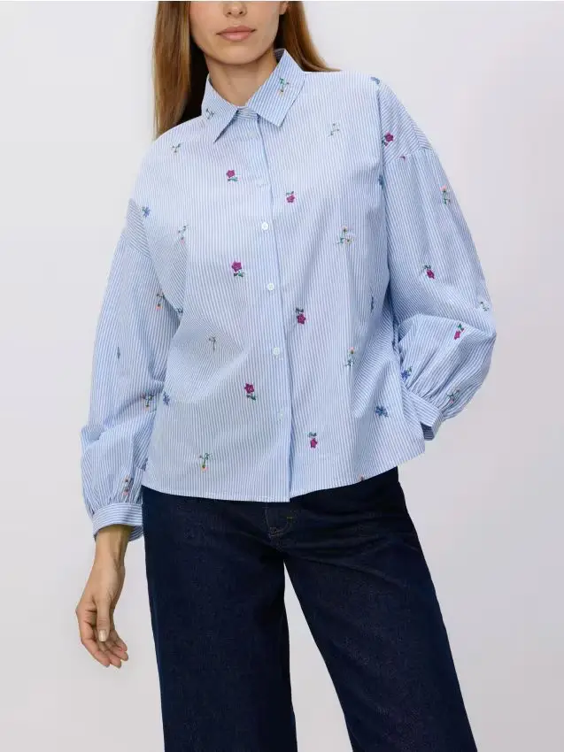 Camicia in cotone con ricamo - azzurro