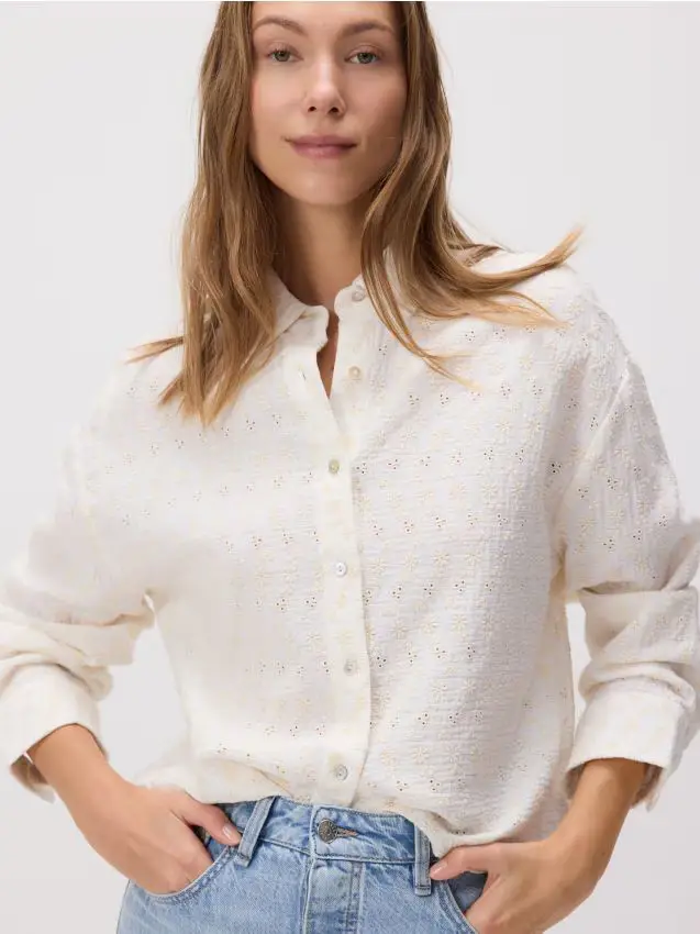 Camicia in cotone con ricamo traforato - panna