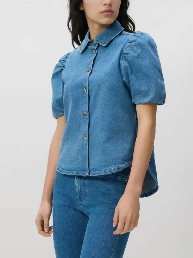 Camicia in denim con maniche a palloncino - blu